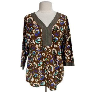 Boden Womens Tunic Top Size 14 Olive Green Floral V-Neck 3/4 Sleeve Cotton  100A